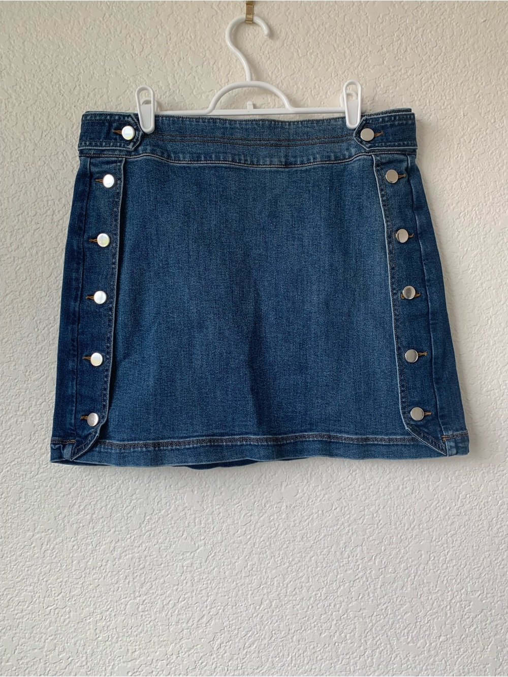 INC International Concepts Dark Blue Denim Mini Skirt with Silver Snap Buttons